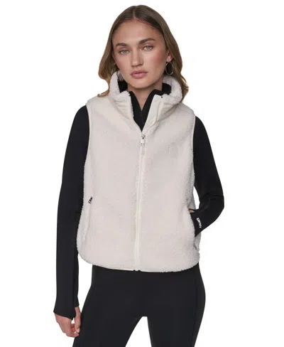 Dkny Sport Women's Sherpa Mock-neck Jacket With Woven Piecing In Black