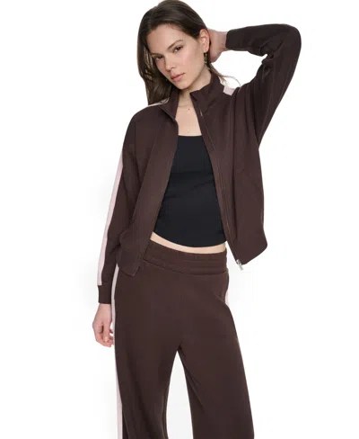Dkny Sport Women's Side Stripe Scuba Full Zip Jacket In Brown