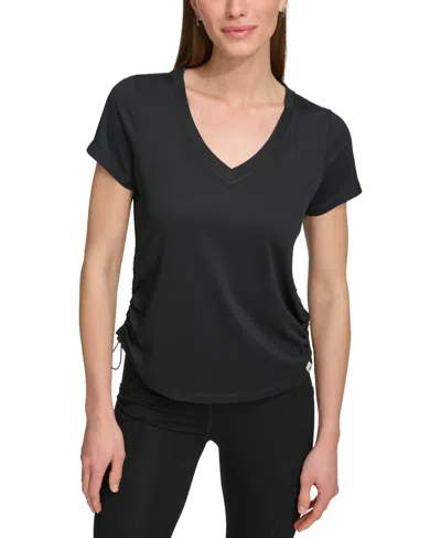 Dkny Sport Women's Solid V-neck Short-sleeve Tech Top In Black