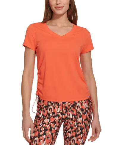 Dkny Sport Women's Solid V-neck Short-sleeve Tech Top In Hot Coral