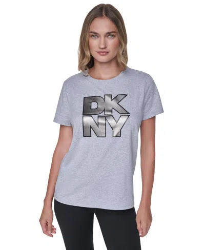 Dkny Sport Women's Stacked Foil Glitter Logo Short-sleeve Relaxed Fit T-shirt In Pearl Grey