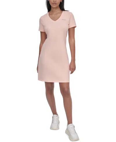 Dkny Sport Women's Studded-logo V-neck T-shirt Dress In Tropical Peach