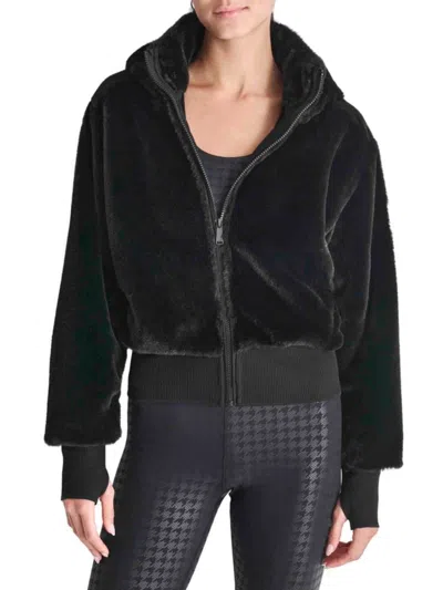 Dkny Sport Women's Textured Hooded Teddy Jacket In Black