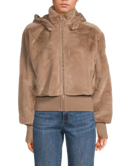 Dkny Sport Women's Textured Hooded Teddy Jacket In Brown