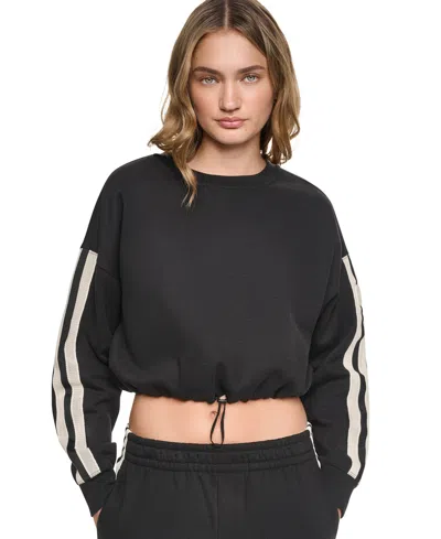 Dkny Sport Women's Textured Tape Bungee Waist Cropped Crewneck Sweatshirt In Black