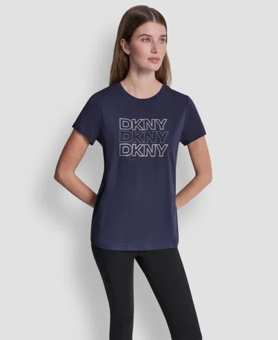 Dkny Sport Women's Triple Rhinestone Foil Logo T-shirt In Blue