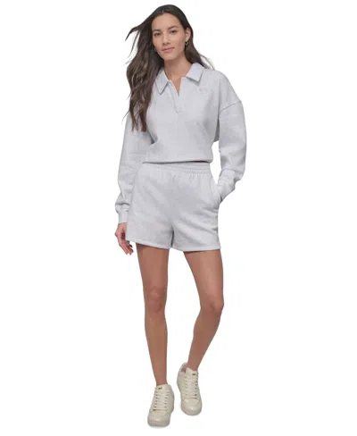 Dkny Sport Women's Varsity Embroidered Logo Smocked 4" Shorts In Optic Heather