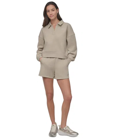 Dkny Sport Women's Varsity Embroidered Logo Smocked 4" Shorts In Pebble