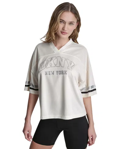 Dkny Sport Women's Varsity Rhinestone V-neck Sports Jersey In White