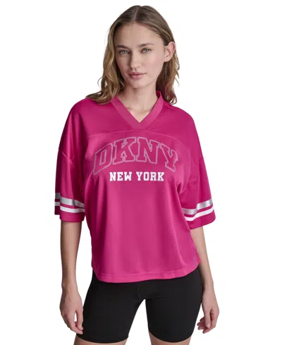 Dkny Sport Women's Varsity Rhinestone V-neck Sports Jersey In Pink