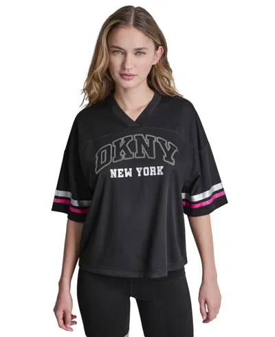 Dkny Sport Women's Varsity Rhinestone V-neck Sports Jersey In Black