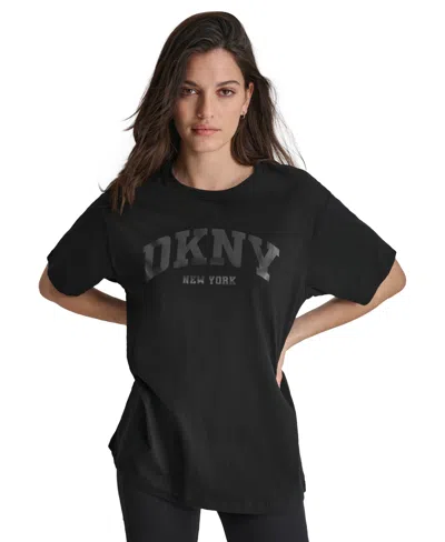 Dkny Sport Women's Varsity Satin Logo Oversized Cotton T-shirt In Black