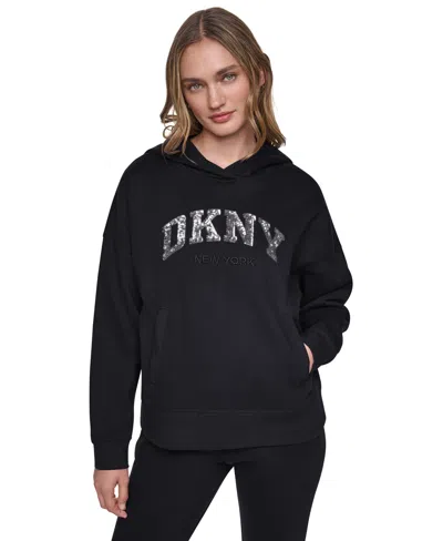 Dkny Sport Women's Varsity Sequin Pullover Hoodie In Black