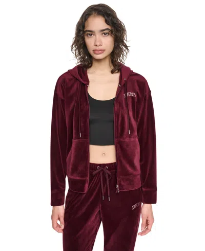 Dkny Sport Women's Velour High-low Hem Zip Hoodie In Claret