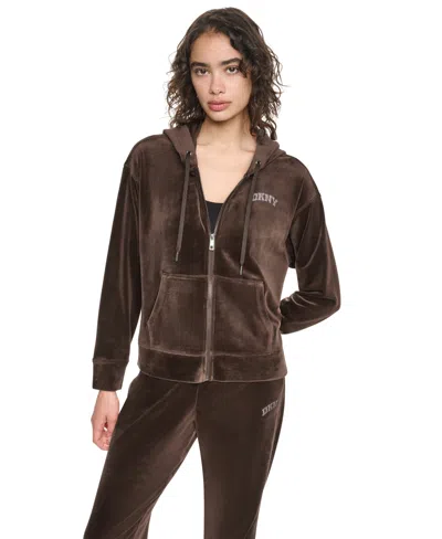 Dkny Sport Women's Velour High-low Hem Zip Hoodie In Espresso