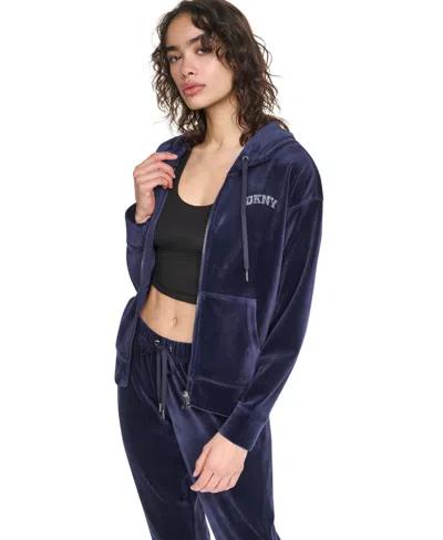 Dkny Sport Women's Velour High-low Hem Zip Hoodie In Peacoat