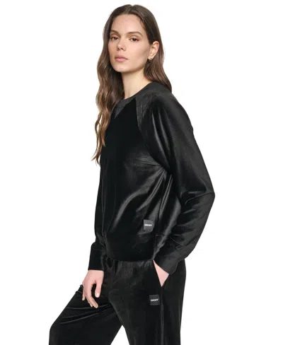 Dkny Sport Women's Velour Raglan Relaxed-fit Pullover Top In Black