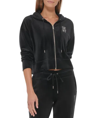 Dkny Sport Women's Velour With Rhinestones Logo Zip-up Hoodie In Black