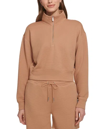 Dkny Sport Women's Zip-neck Ribbed Knit Sweatshirt In Praline