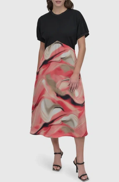 Dkny Sportswear Mixed Media Midi Dress In Black/pink Brush