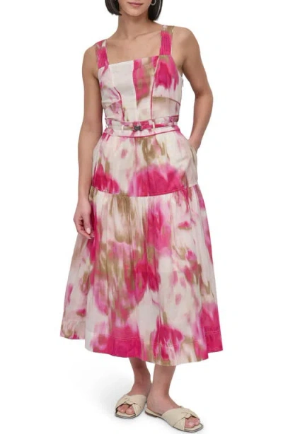 Dkny Square Neck Belted Floral Print Dress In Blue