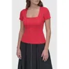 Dkny Square Neck Short Sleeve Cotton Blend Sweater In Red