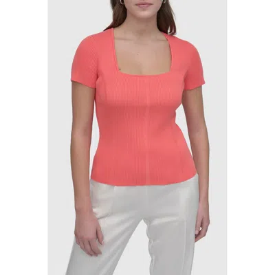 Dkny Square Neck Short Sleeve Cotton Blend Sweater In Coral Crus