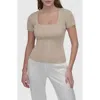 Dkny Square Neck Short Sleeve Cotton Blend Sweater In Pebble