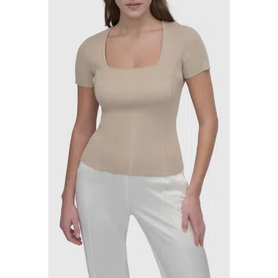 Dkny Square Neck Short Sleeve Cotton Blend Sweater In Pebble
