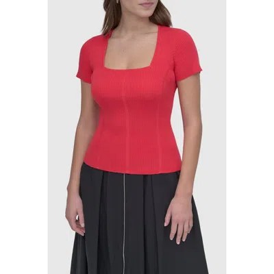 Dkny Square Neck Short Sleeve Cotton Blend Sweater In Red