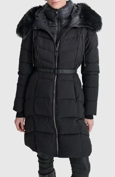Dkny Stretch Quilted Jacket With Faux Fur Trim In Black