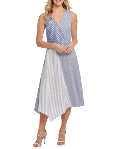Dkny Stripe Panel V-neck Linen-blend Dress In Blue