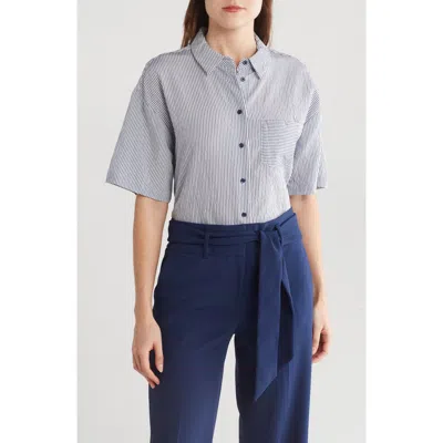 Dkny Stripe Short Sleeve Button-up Shirt In Frost Blue/navy