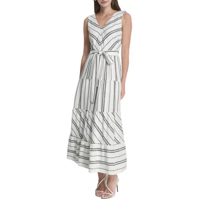 Dkny Stripe Sleeveless Linen Blend Midi Dress In White