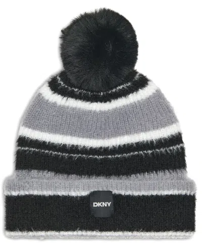 Dkny Striped Knit Pom Pom Beanie In Ivory