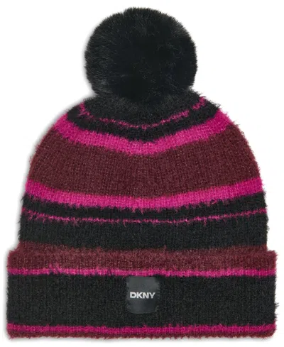 Dkny Striped Knit Pom Pom Beanie In Raspberry