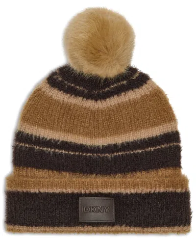 Dkny Striped Knit Pom Pom Beanie In Tobacco