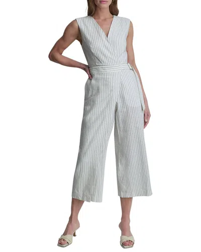 Dkny Stripe Linen Blend Crop Jumpsuit In Blue