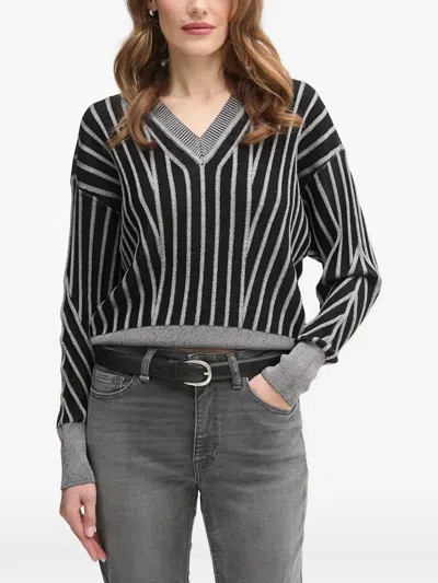 Dkny Striped V-neck Sweater In Blue
