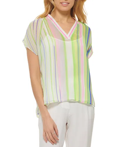 Dkny Striped V-neck Shirt In 0ip-wht Pnk Pnc Mlt