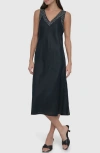 Dkny Stud Detail Linen Midi Dress In Black