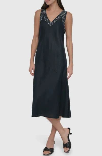 Dkny Stud Detail Linen Midi Dress In Black