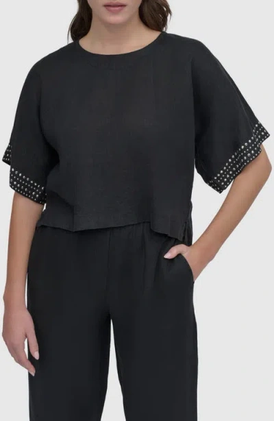 Dkny Studded Boxy Linen Top In Black