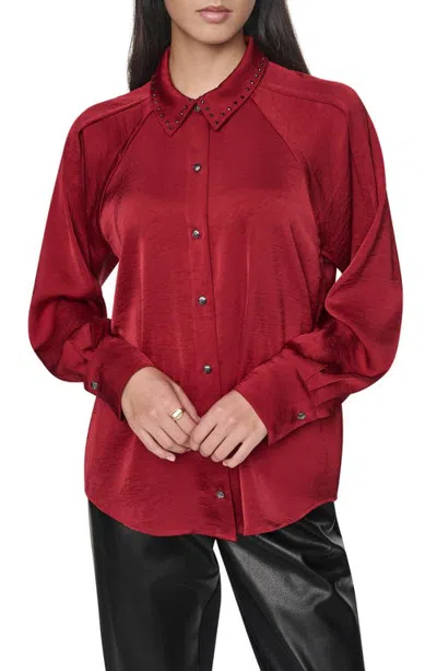 Dkny Studded Collar Long Sleeve Button Down Shirt In Red