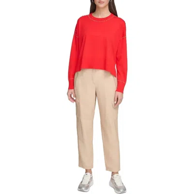 Dkny Studded Crew Neck Sweater In Red