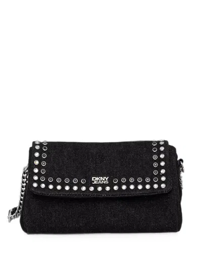Dkny Stud-embellished Denim Shoulder Bag In Black