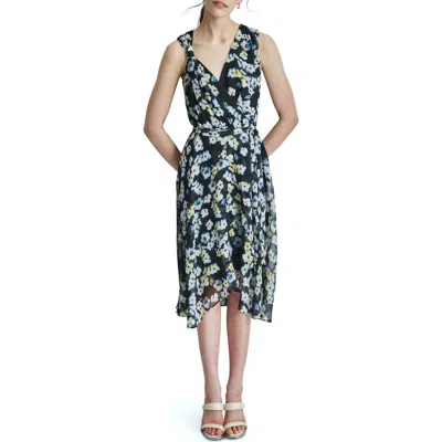Dkny Surplice V-neck Faux Wrap Midi Dress In Navy/lemon