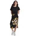 Dkny T-shirt Midi Dress Womens Black Floral Cotton Blend Crew Neck Fts1423 In Black