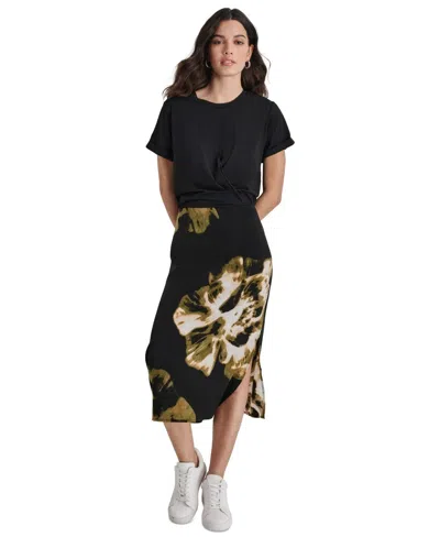 Dkny T-shirt Midi Dress Womens Black Floral Cotton Blend Crew Neck Fts1423