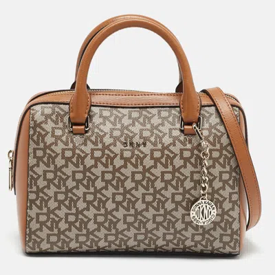 Pre-owned Dkny Tan/beige Signature Coated Canvas Bryant Boston Bag In Brown